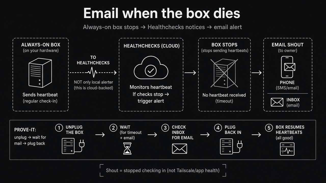Email when the box dies: heartbeat to Healthchecks, then email shout; prove-it unplug